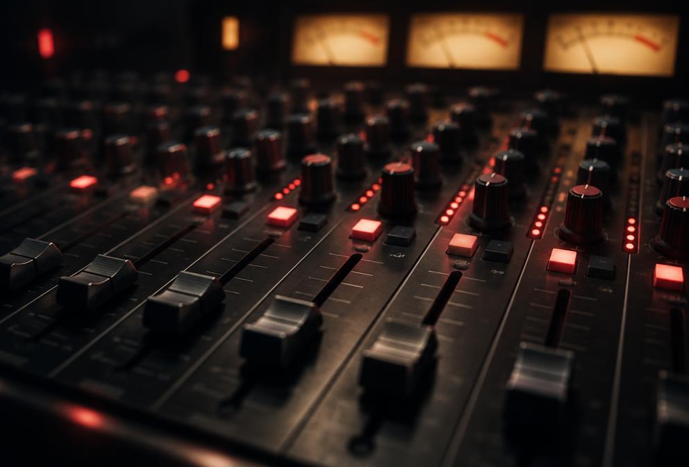Close de faders e knobs de uma mesa de mixagem iluminados em coral