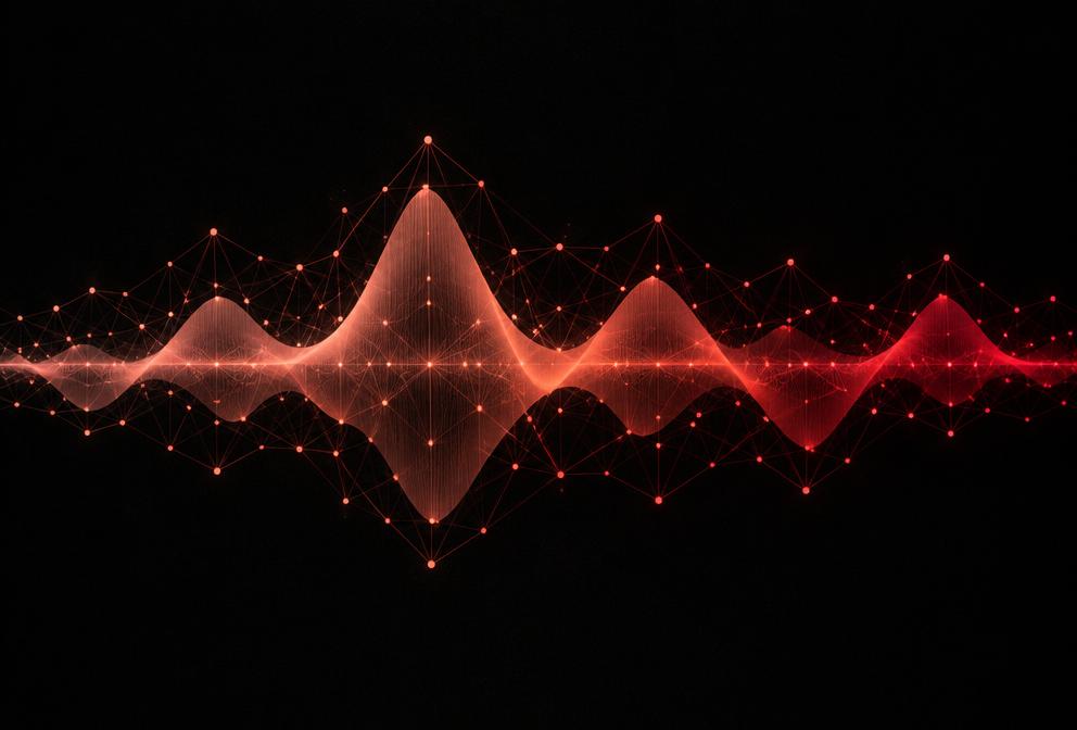 Ondas sonoras e nós luminosos formando uma rede sobre fundo preto