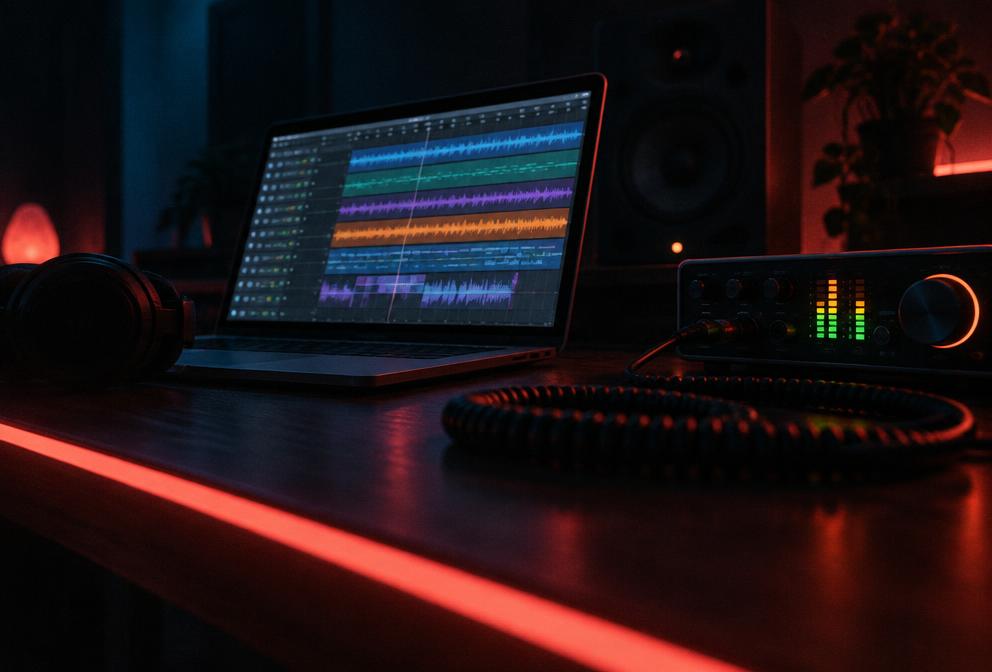 Notebook com sessão multicanal e interface de áudio em luz coral